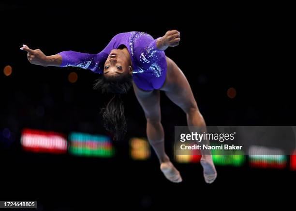 Simone Biles of The United States of America performs her Floor routine during the Women's Floor final during Day Nine of the 2023 Artistic...