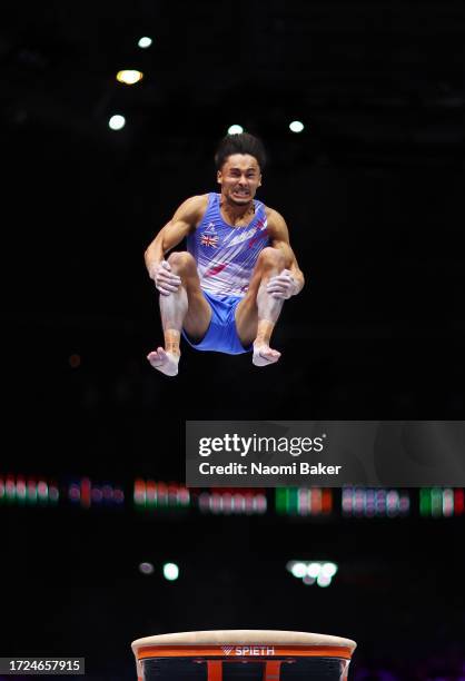 Jake Jarman of Great Britain performs during the Men's vault final during Day Nine of the 2023 Artistic Gymnastics World Championships on October 08,...