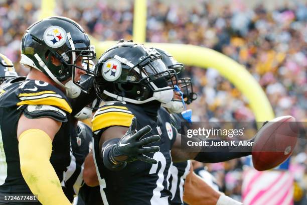 Joey Porter Jr. #24 of the Pittsburgh Steelers celebrates after his interception during the fourth quarter against the Baltimore Ravens at Acrisure...