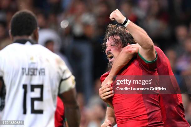 Francisco Fernandes of Portugal celebrates scoring his team's second try during the Rugby World Cup France 2023 match between Fiji and Portugal at...