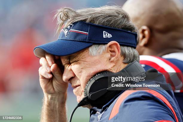Head coach Bill Belichick of the New England Patriots reacts during the fourth quarter against the New Orleans Saints at Gillette Stadium on October...