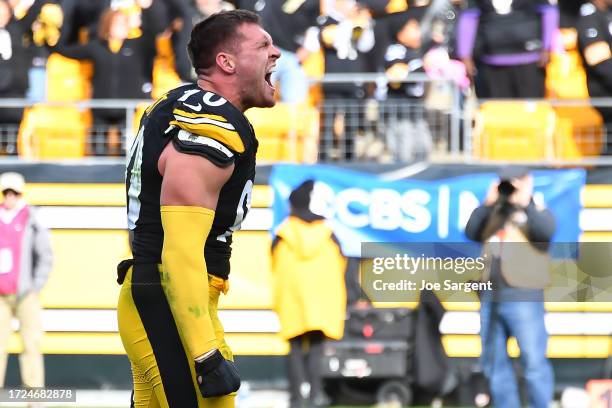 Watt of the Pittsburgh Steelers reacts after a fourth down stop during the fourth quarter against the Baltimore Ravens at Acrisure Stadium on October...