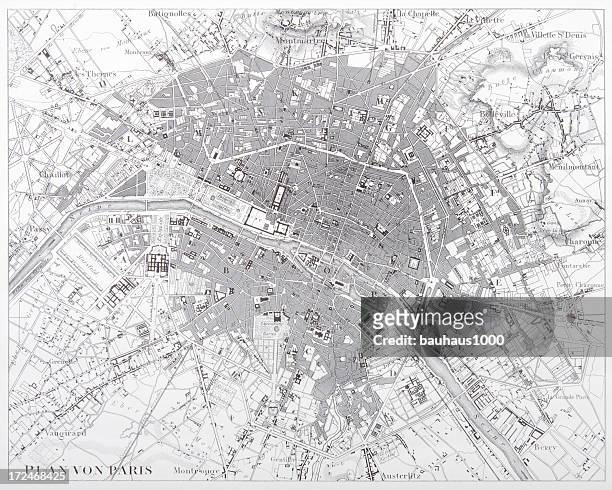 engraving: map of paris - map paris stock illustrations