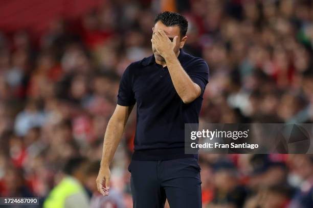 Xavi, Head Coach of FC Barcelona reacts during the LaLiga EA Sports match between Granada CF and FC Barcelona at Estadio Nuevo Los Carmenes on...