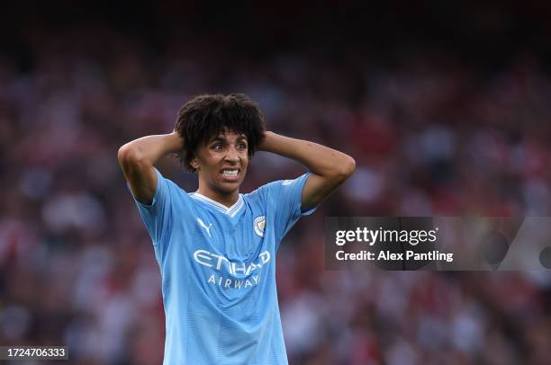 Rico Lewis of Manchester City reacts during the Premier League match between Arsenal FC and Manchester City at Emirates Stadium on October 08, 2023...