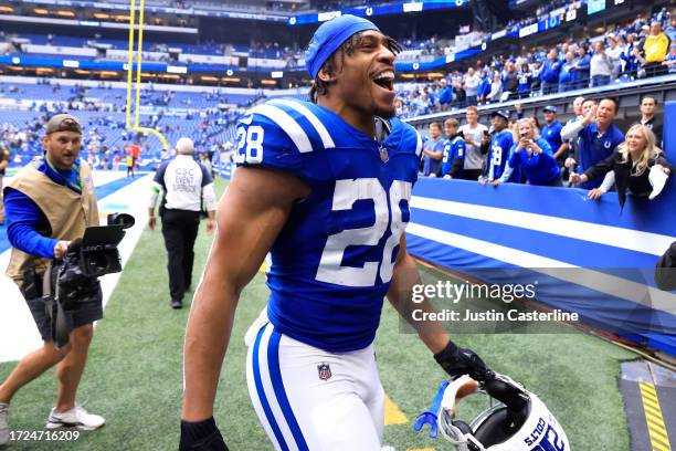 Jonathan Taylor of the Indianapolis Colts reacts after a game against the Tennessee Titans at Lucas Oil Stadium on October 08, 2023 in Indianapolis,...