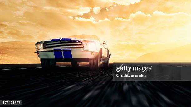 speeding on empty dessert road old ford mustang 1966 model - coupe dessert stock pictures, royalty-free photos & images