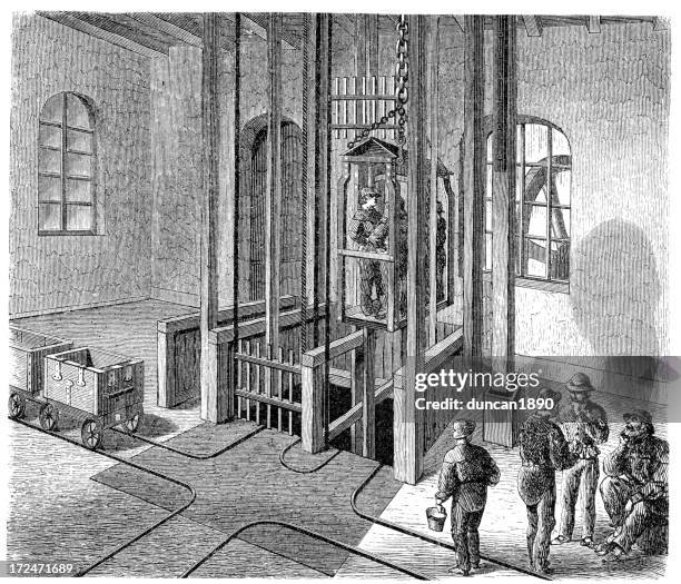 19th century mine lift - old elevator stock illustrations
