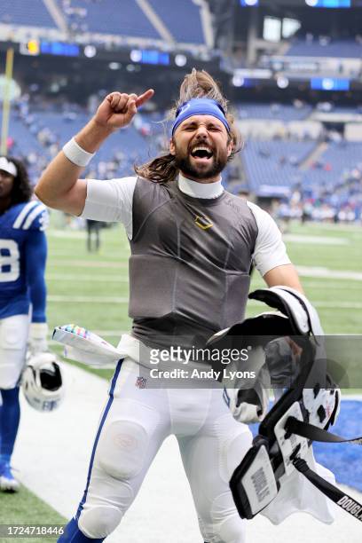 Gardner Minshew of the Indianapolis Colts reacts after a game against the Tennessee Titans at Lucas Oil Stadium on October 08, 2023 in Indianapolis,...