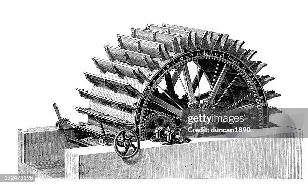 19th century water wheel - watermill stock illustrations