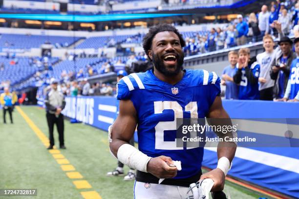 Zack Moss of the Indianapolis Colts reacts after a game against the Tennessee Titans at Lucas Oil Stadium on October 08, 2023 in Indianapolis,...