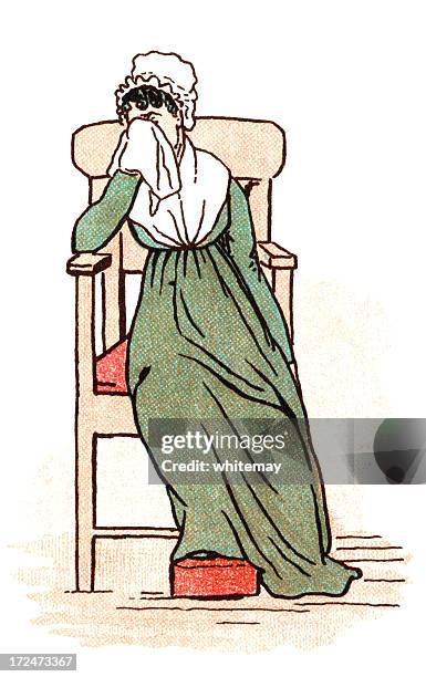 cartoon of crying woman with head bonnet and handkerchief. - footstool stock illustrations