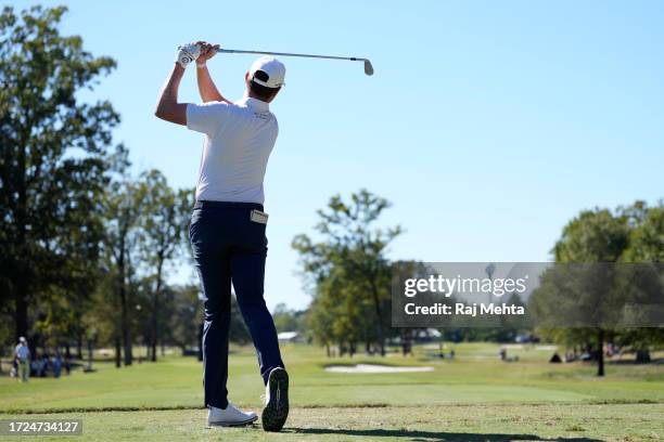 Ben Griffin of the United States plays his shot from the fourth tee during the final round of the Sanderson Farms Championship at The Country Club of...