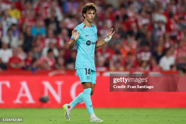 Joao Felix of FC Barcelona reacts during the LaLiga EA Sports match between Granada CF and FC Barcelona at Estadio Nuevo Los Carmenes on October 08,...