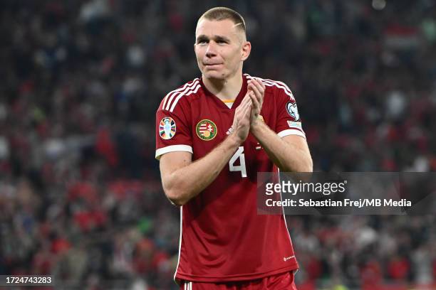 Attila Szalai of Hungary celebrates after winning the UEFA EURO 2024 European qualifier match between Hungary and Serbia at Puskas Arena on October...