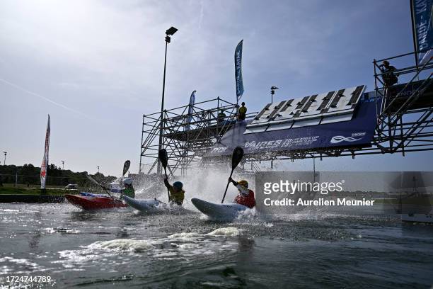 View of the starting line in the Women's Kayak Cross during the 2023 ICF Canoe Slalom World Cup slalom at Vaires-Sur-Marne Nautical Stadium at...