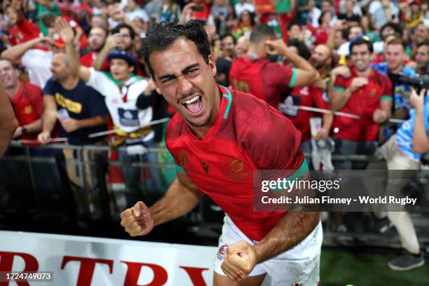 Manuel Cardoso Pinto of Portugal celebrates victory at full-time having secured their first ever World Cup win following the Rugby World Cup France...