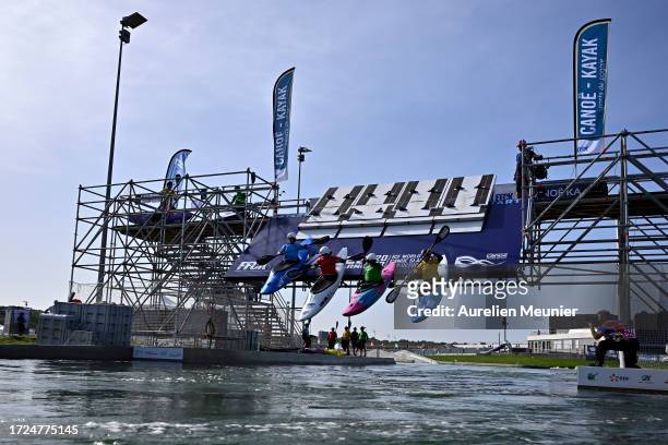 View of the starting line in the Women's Kayak Cross during the 2023 ICF Canoe Slalom World Cup slalom at Vaires-Sur-Marne Nautical Stadium at...