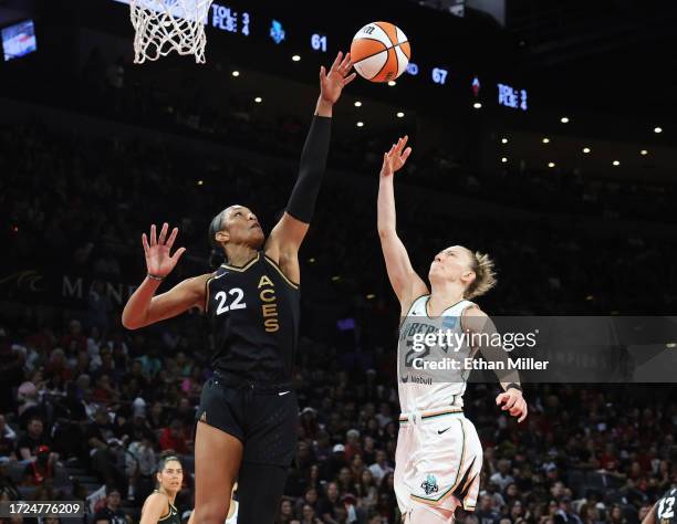 Ja Wilson of the Las Vegas Aces blocks a shot by Courtney Vandersloot of the New York Liberty in the third quarter of Game One of the 2023 WNBA...