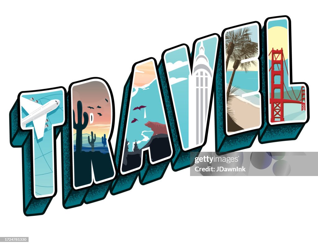 Vintage Travel Vintage Postcard design in 3D lettering style with different travel destinations in each letter on white background