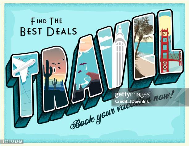 ilustraciones, imágenes clip art, dibujos animados e iconos de stock de diseño de postal vintage en estilo de letras en 3d con diferentes destinos de viaje en cada letra - tarjeta-postal