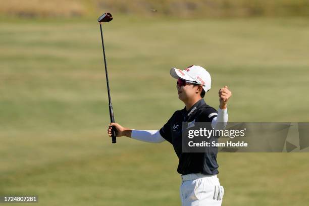 Hyo Joo Kim of South Korea reacts on the 18th green after winning during the final round of The Ascendant LPGA benefiting Volunteers of America at...