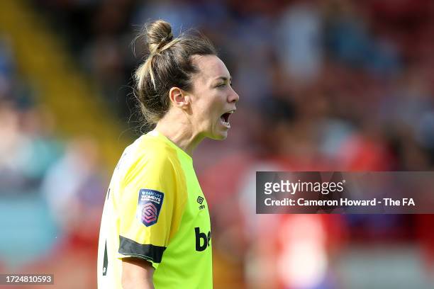 Mackenzie Arnold of West Ham United reacts during the Barclays Women´s Super League match between Brighton & Hove Albion and West Ham United at...