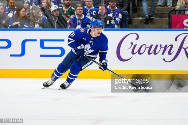 Max Domi of the Toronto Maple Leafs skates against the Minnesota Wild during the second period at the Scotiabank Arena on October 14, 2023 in...