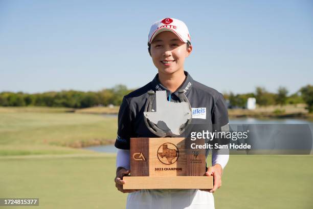 Hyo Joo Kim of South Korea celebrates with the trophy after winning during the final round of The Ascendant LPGA benefiting Volunteers of America at...