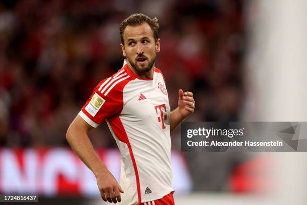 Harry Kane of FC Bayern München looks on during the Bundesliga match between FC Bayern München and Sport-Club Freiburg at Allianz Arena on October...