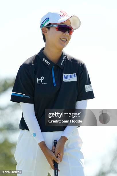 Hyo Joo Kim of South Korea reacts on the 15th green during the final round of The Ascendant LPGA benefiting Volunteers of America at Old American...