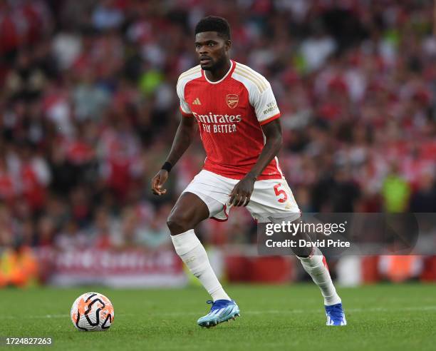 Thomas Partey of Arsenal during the Premier League match between Arsenal FC and Manchester City at Emirates Stadium on October 08, 2023 in London,...