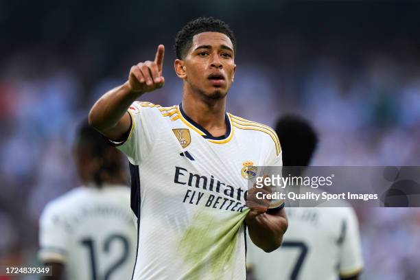 Jude Bellingham of Real Madrid CF celebrates after scoring his team's second goal during the LaLiga EA Sports match between Real Madrid CF and CA...