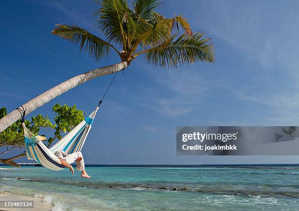 adulto joven hamaca dormir una siesta en las sillas reclinables en el paraíso - hammock fotografías e imágenes de stock