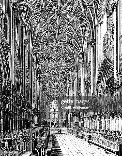 the choir in york minster (victorian woodcut) - york yorkshire stock illustrations