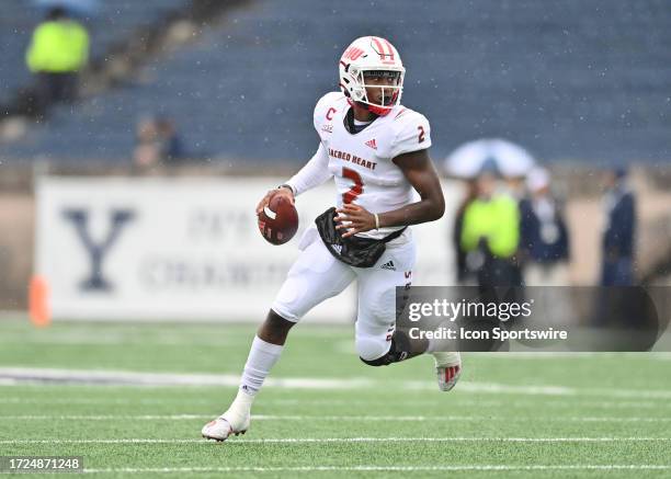 Sacred Heart Pioneers quarterback Rob McCoy looks to pass during the game as the Sacred Heart Pioneers take on the Yale Bulldogs on Octoberber 14 at...