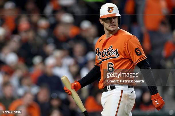 Ryan Mountcastle of the Baltimore Orioles strikes out against the Texas Rangers during the sixth inning in Game Two of the Division Series at Oriole...