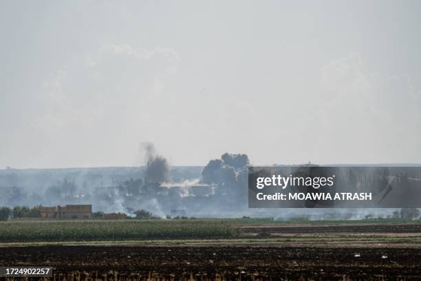 Idlib, Syria. After seven airstrikes, smoke billows into the sky as Russian warplanes bomb the outskirts of Idlib Governorate in northwestern Syria.