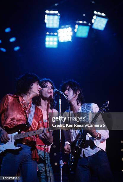 Ron Wood, Mick Jagger and Keith Richards of the Rolling Stones are photographed on stage during the Rolling Stones Tour of the Americas in the summer...