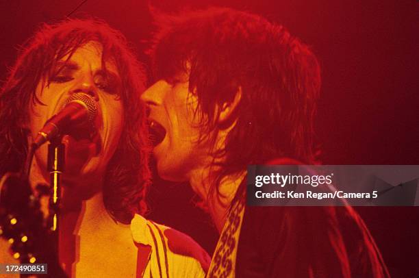 Keith Richards and Mick Jagger of the Rolling Stones are photographed on stage during the Rolling Stones Tour of the Americas in the summer of 1975....