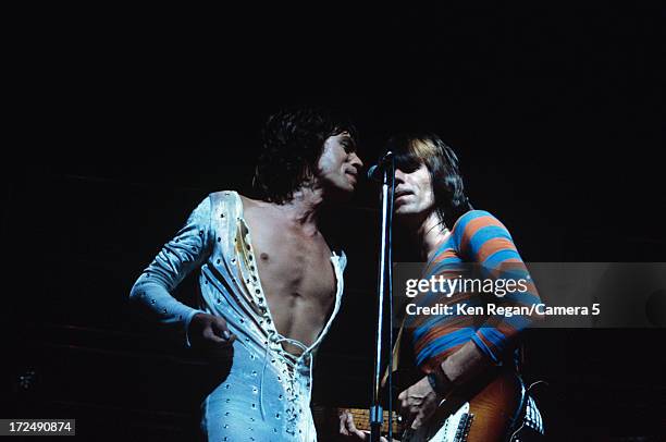 Keith Richards and Mick Jagger of the Rolling Stones are photographed on stage during the Rolling Stones Tour of the Americas in the summer of 1975....