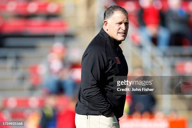 Greg Schiano head coach of the Rutgers Scarlet Knights before the game against the Wisconsin Badgers at Camp Randall Stadium on October 07, 2023 in...
