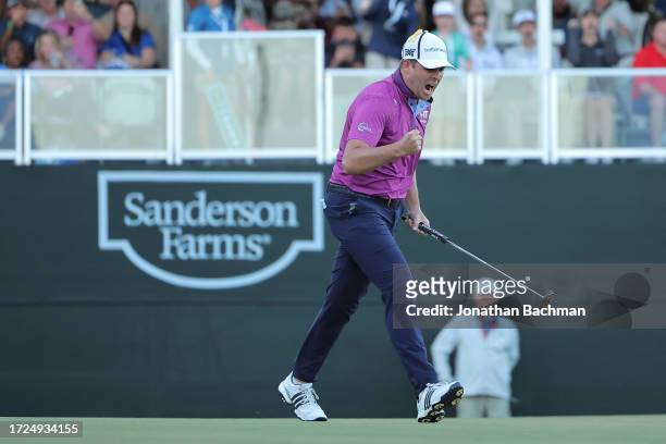 Luke List of the United States celebrates after winning the Sanderson Farms Championship on the first playoff hole at The Country Club of Jackson on...