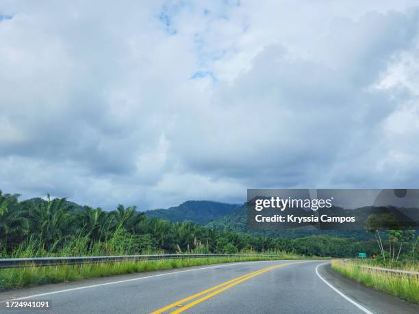 tropical roadway with palm oil plantations and jungle-covered mountains - pan american highway stock pictures, royalty-free photos & images