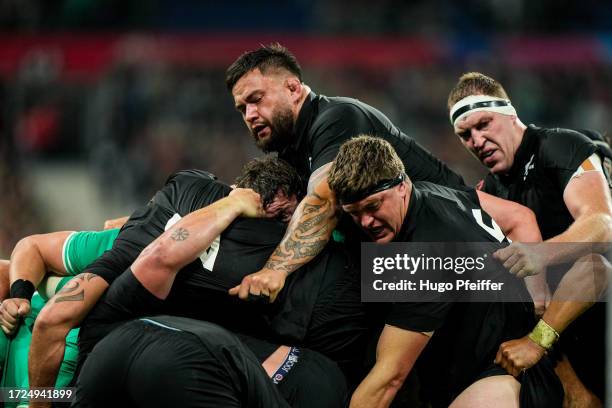 Scott BARRETT of New Zealand All Blacks and Brodie RETALLICK of New Zealand All Blacks during the Rugby World Cup 2023 quarter final match between...