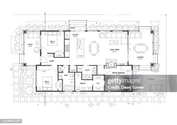 stockillustraties, clipart, cartoons en iconen met 3 bedroom house floor plan concept sketch - blauwdruk
