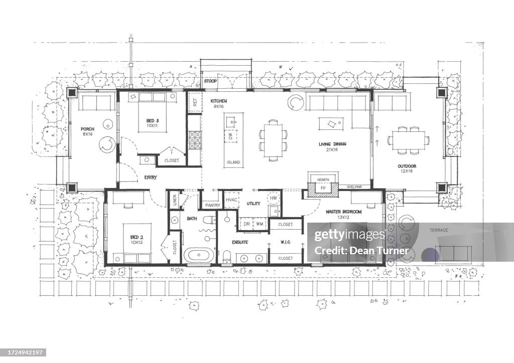 Esboço do conceito da planta baixa da casa de 3 quartos