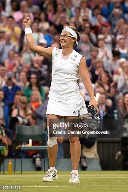 Kirsten Flipkens of Belgium celebrates match point during the Ladies' Singles quarter-final match against Petra Kvitova of Czech Republic on day...