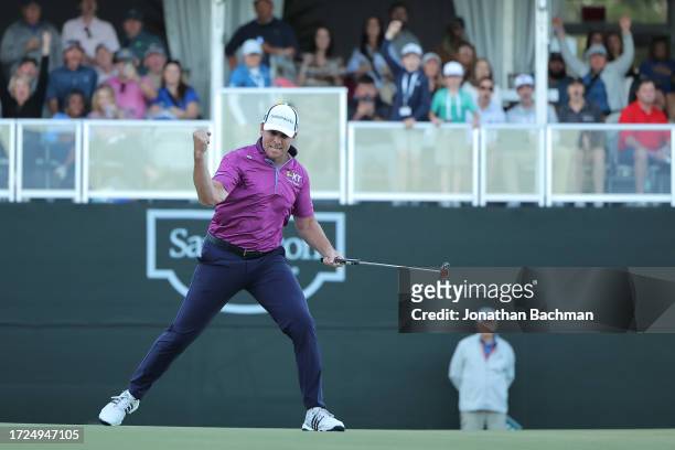 Luke List of the United States celebrates after after a putt on the first playoff hole of the final round of the Sanderson Farms Championship at The...