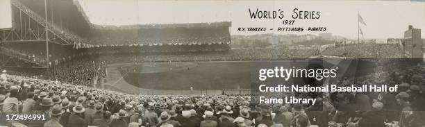 Panorama of a World Series game between the Pittsburgh Pirates and the New York Yankees circa October 1927 at Yankee Stadium in the Bronx borough of...